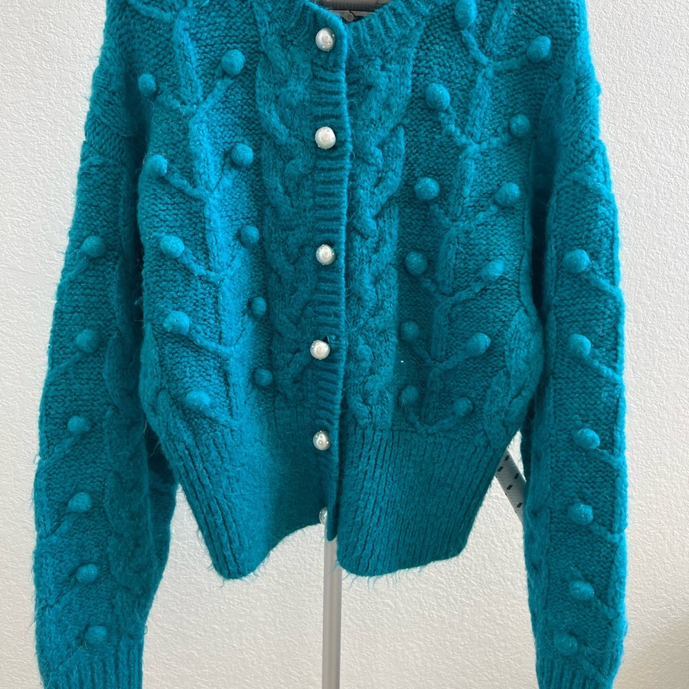 Zara Pom Pom Cable Knit Sweater with Pearl Button